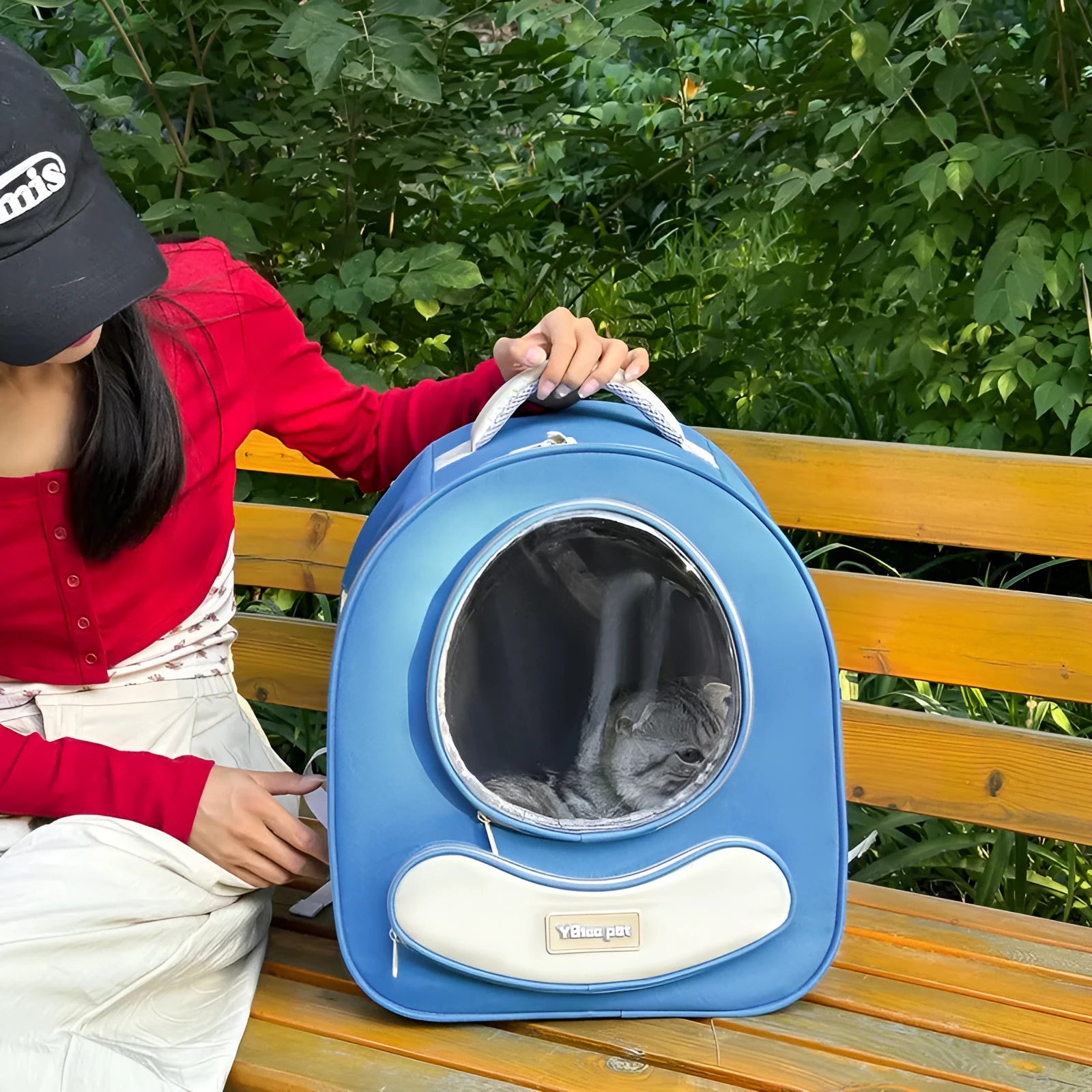 Breathable pet backpack large capacity space capsule in green solid colour polyester material