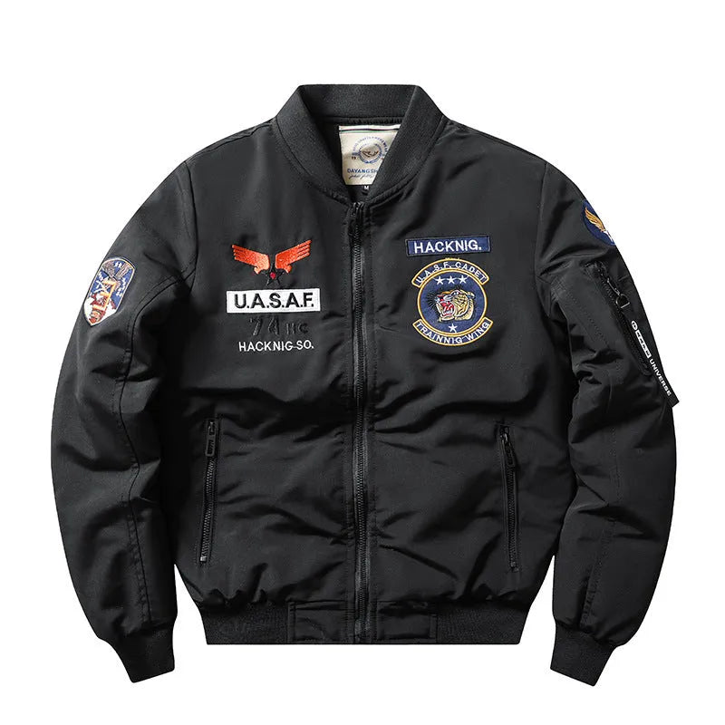 Men's slim-fit stand collar retro embroidered cotton-padded coat in blue.