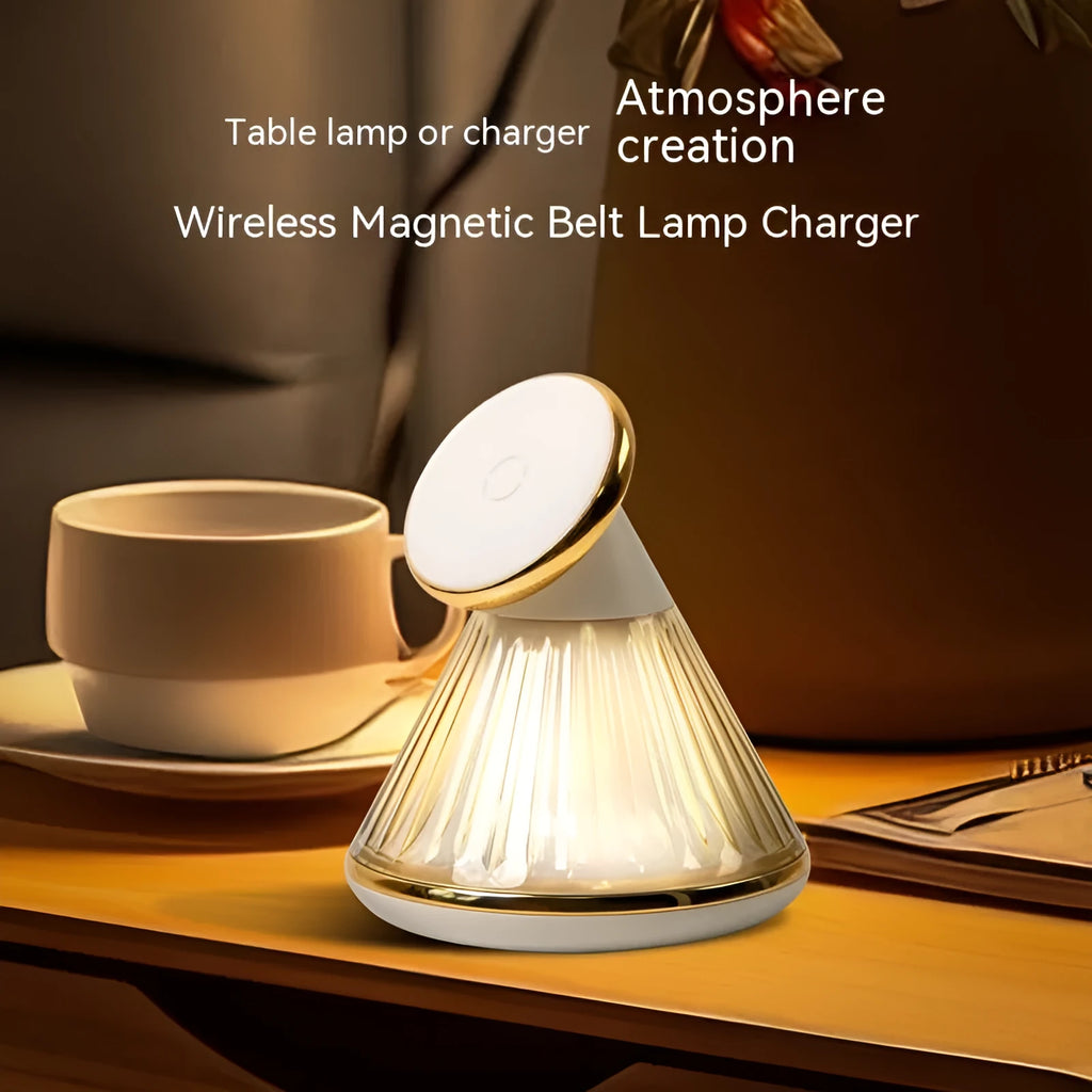 Wireless charging bedside lamp with magnetic charging seat in champagne gold or gun metal colours