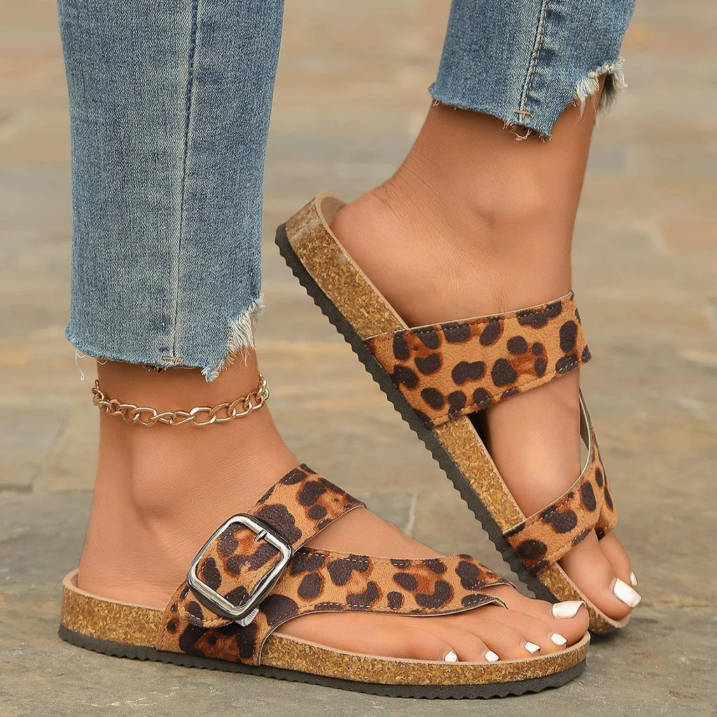 Women's leopard print Roman style slippers with round toe and wooden sole