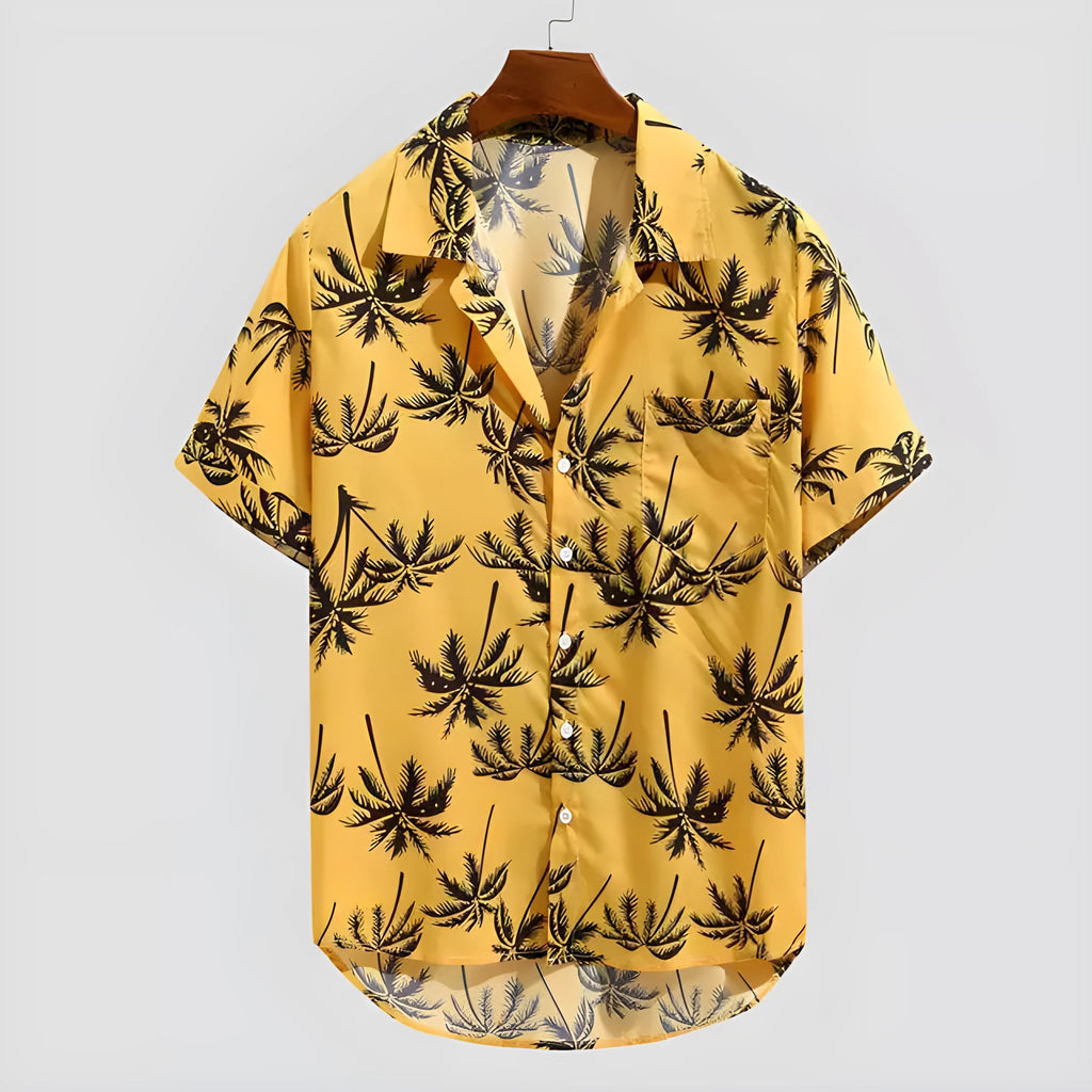 Men's casual short sleeve button shirt with Hawaiian holiday print in yellow polyester