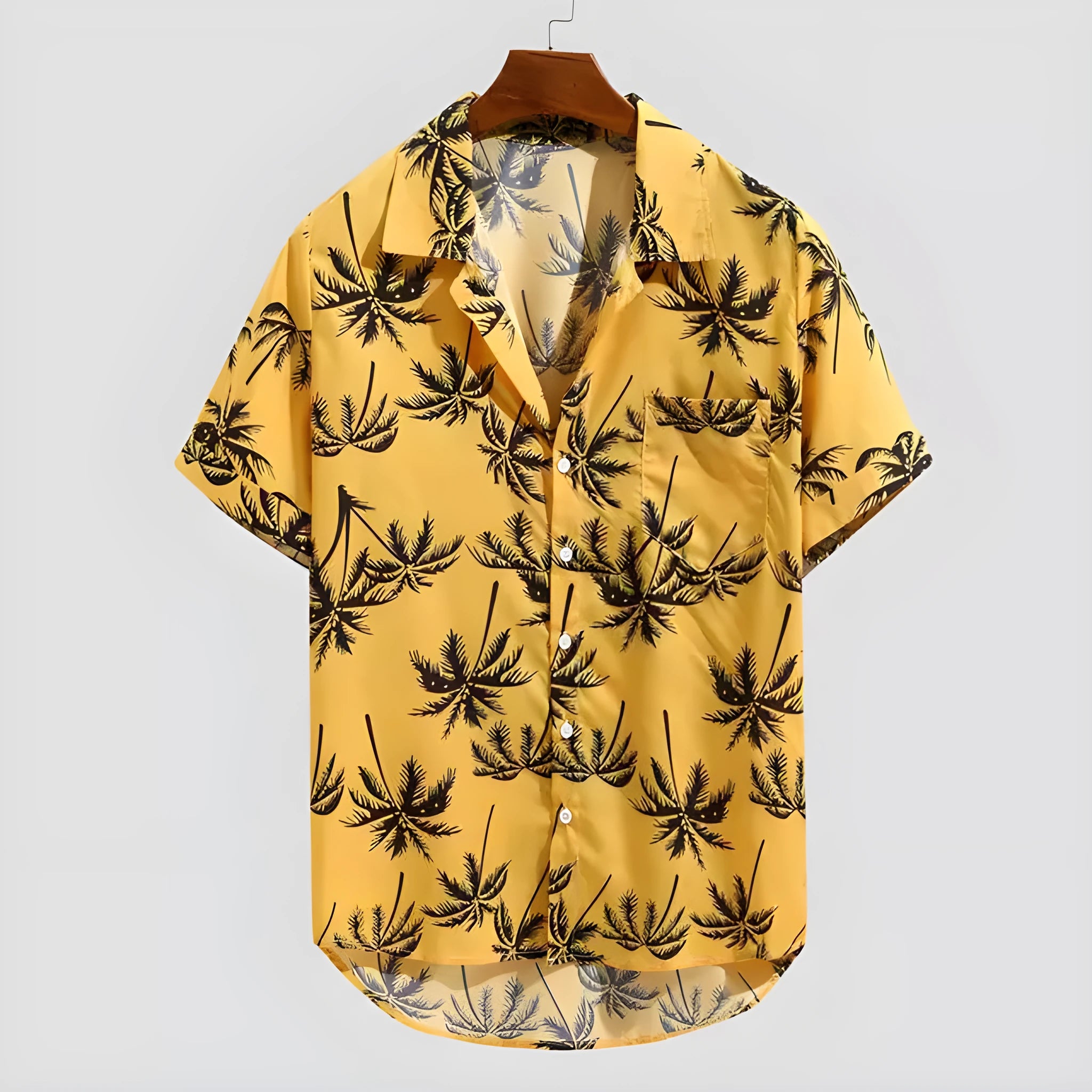 Men's casual short sleeve button shirt with Hawaiian holiday print in yellow polyester