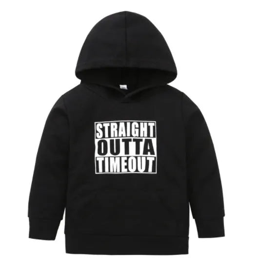 A black boys' hooded sweater with a white letter design on the front, featuring long sleeves and a pullover style.