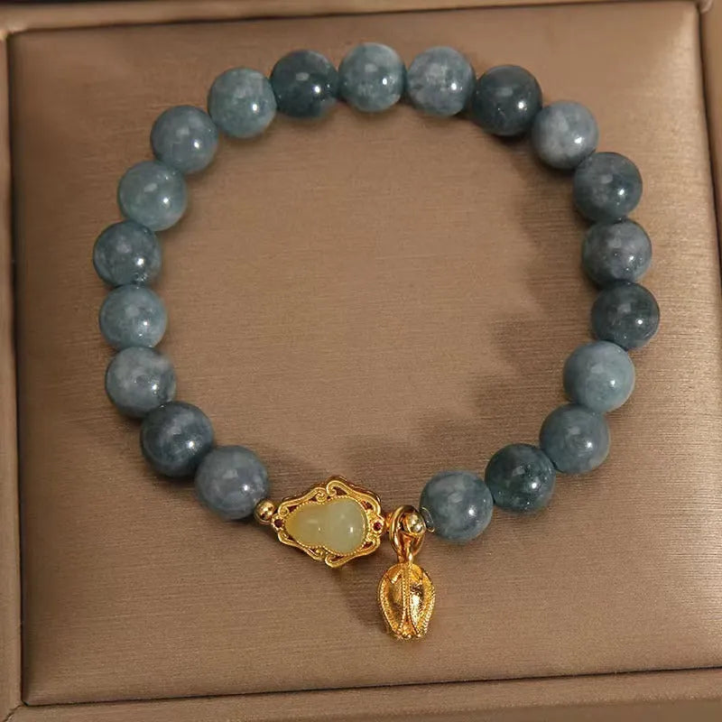 Women's sky blue natural stone bracelet with lotus pendant and electroplated finish