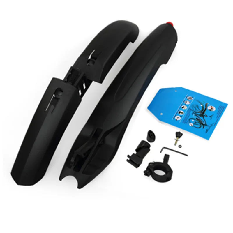 Mountain bike mudguard with quick-release mechanism and rear LED tail light on a bike front fork