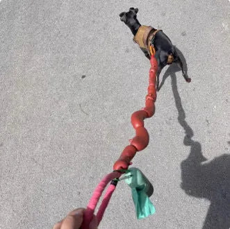 Brown fabric cat play rope with sausage-shaped sections and a grip tape handle, shown at full 108cm length.