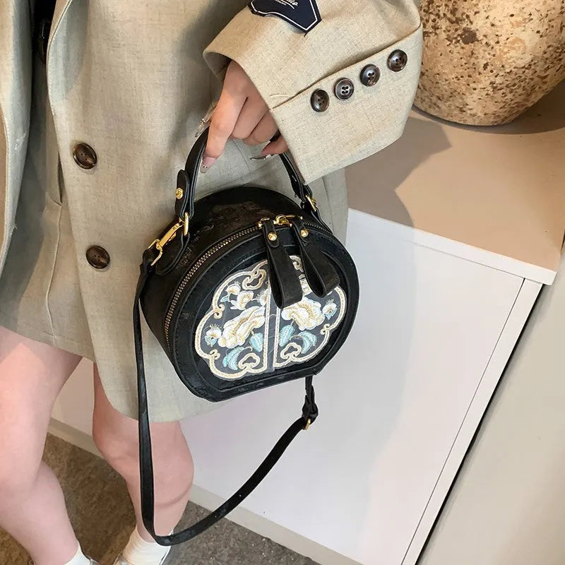 Chinese embroidery handbag in soft PU, shoulder messenger bag, horizontal square shape, Black colour, upper width 18cm