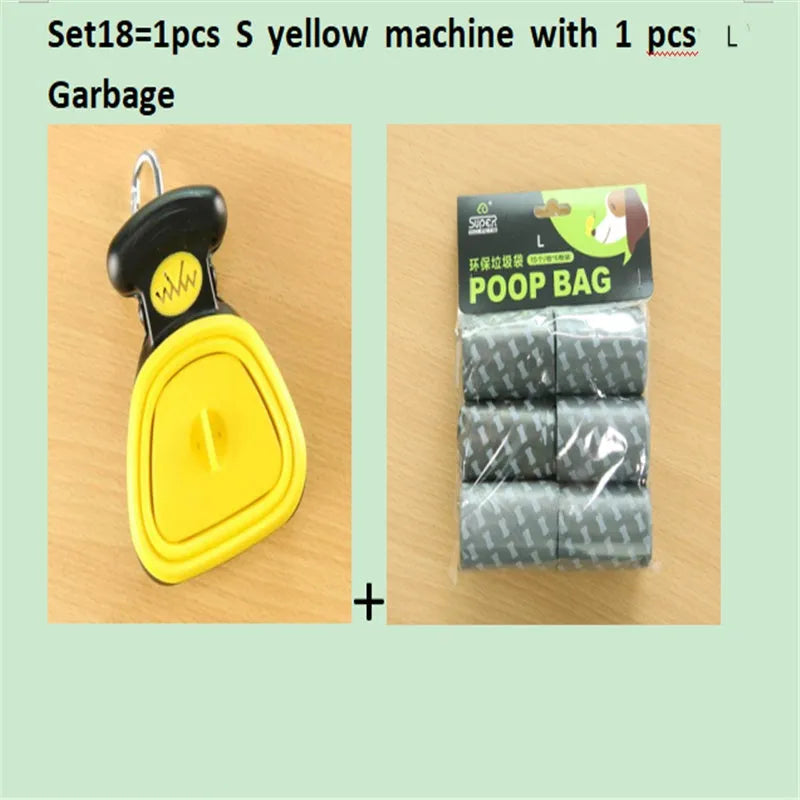 Foldable dog pooper scooper with one-handed grip and biodegradable bag roll in blue