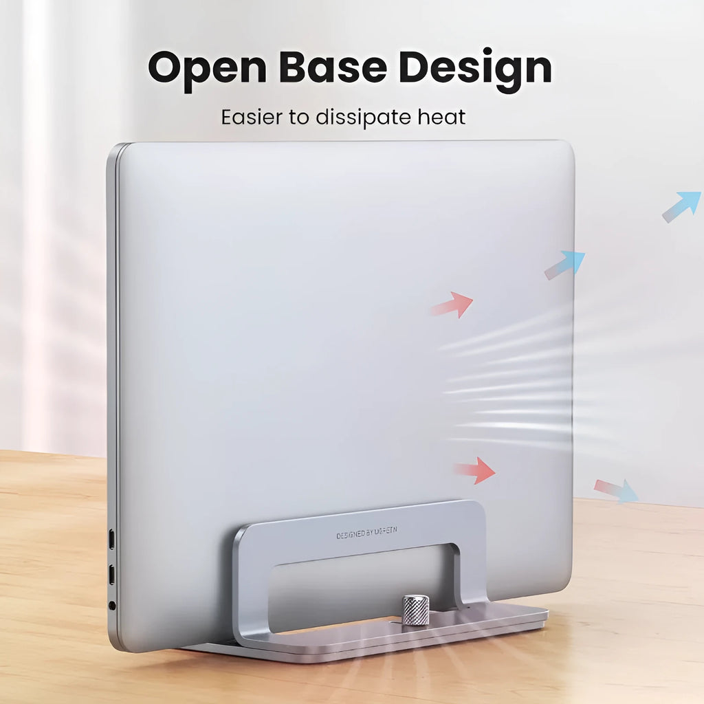 Silver aluminium laptop cooling stand with hollow design and width adjustment mechanism
