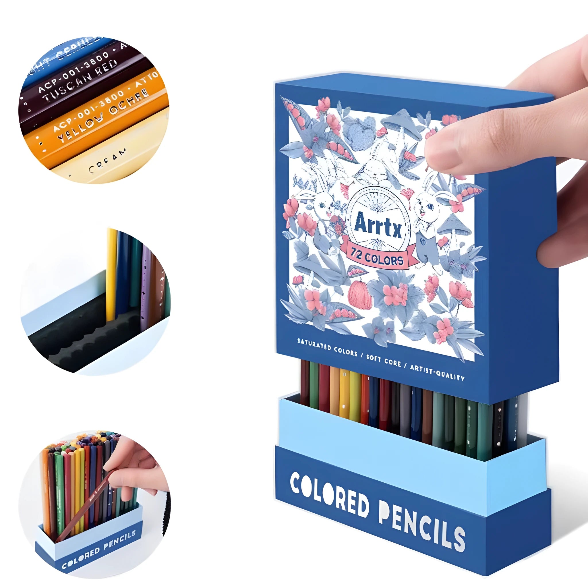 Boxed set of 72 soft core coloured pencils for drawing and art exams, showing array of colours.