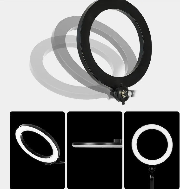 Black mobile phone tablet stand with fill light attachment in folded position showing rotation mechanism