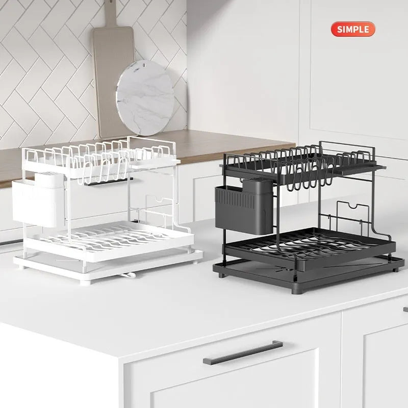 White double-layer kitchen storage rack with removable draining feature on a countertop.