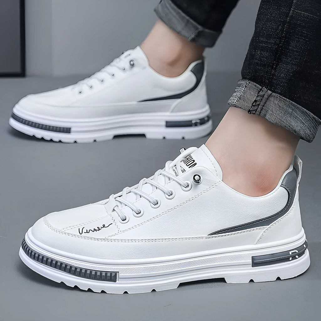 Men's white low-top platform sneakers with elastic band and round toe.