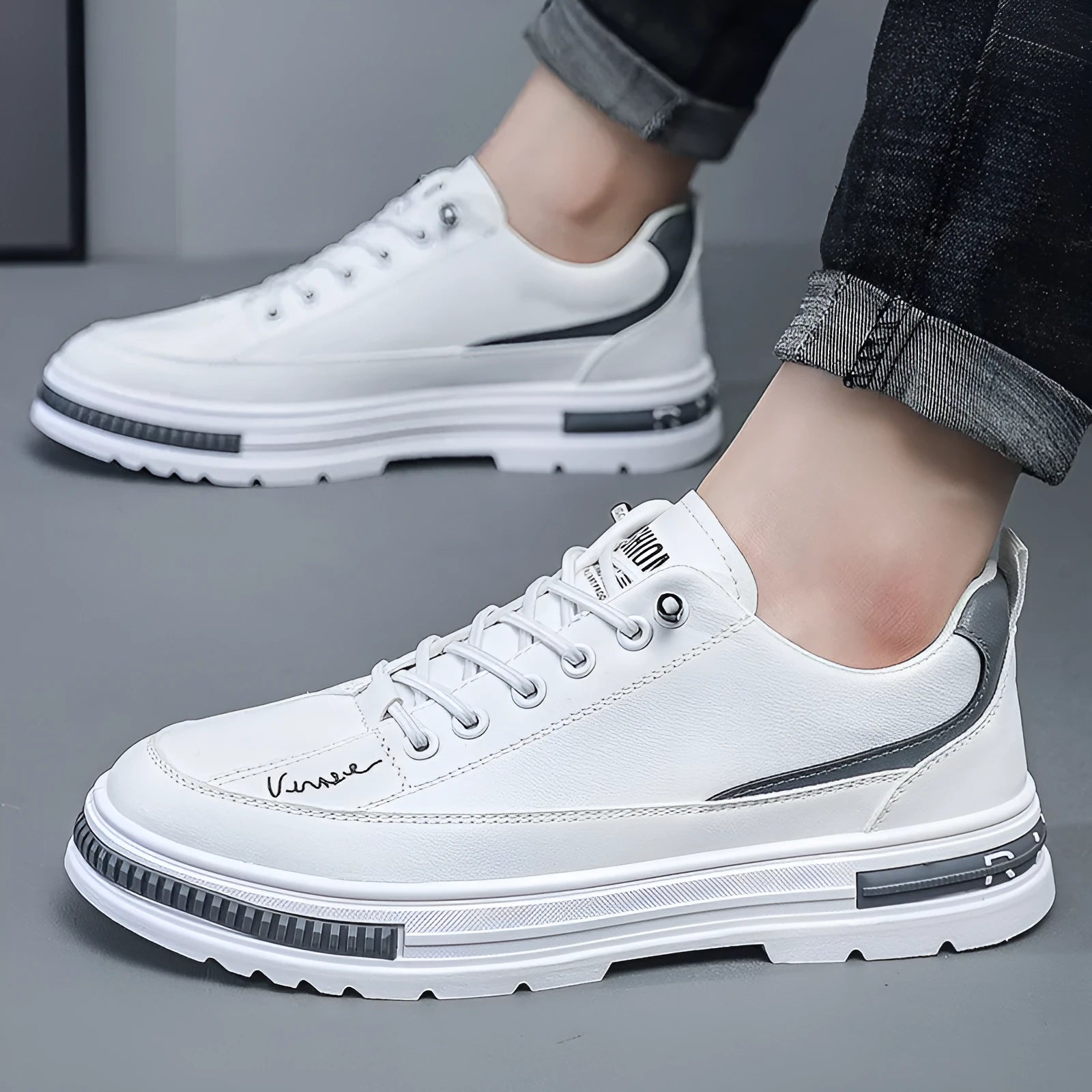 Men's white low-top platform sneakers with elastic band and round toe.