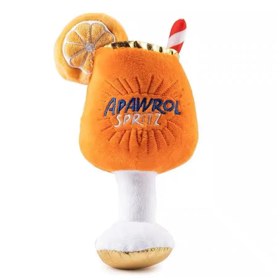 Yellow plush beer bottle cup squeaky dog chew toy on a white background.
