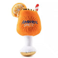 Yellow plush beer bottle cup squeaky dog chew toy on a white background.