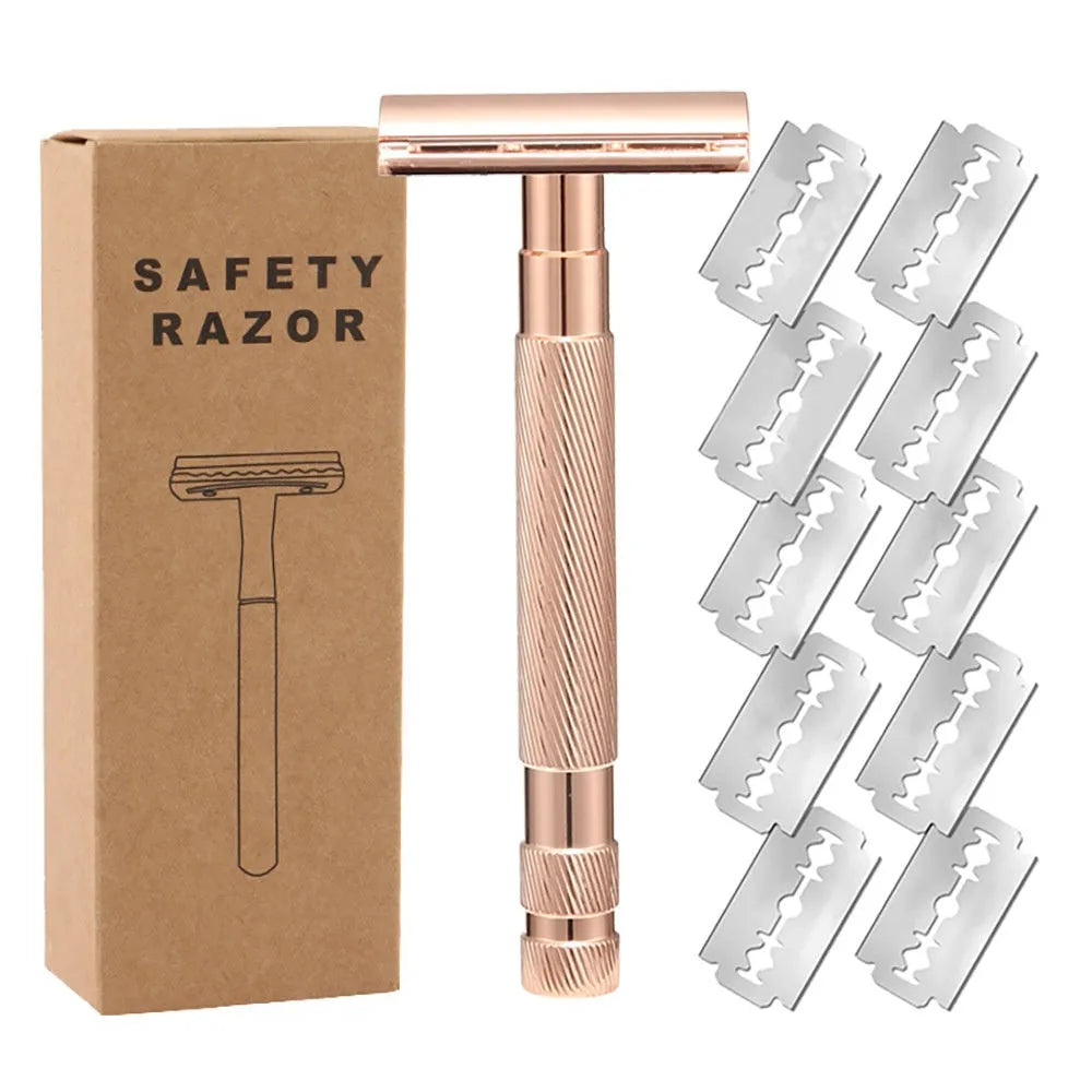 Manual double-edged safety razor with alloy handle and replaceable blades in rose gold colour.