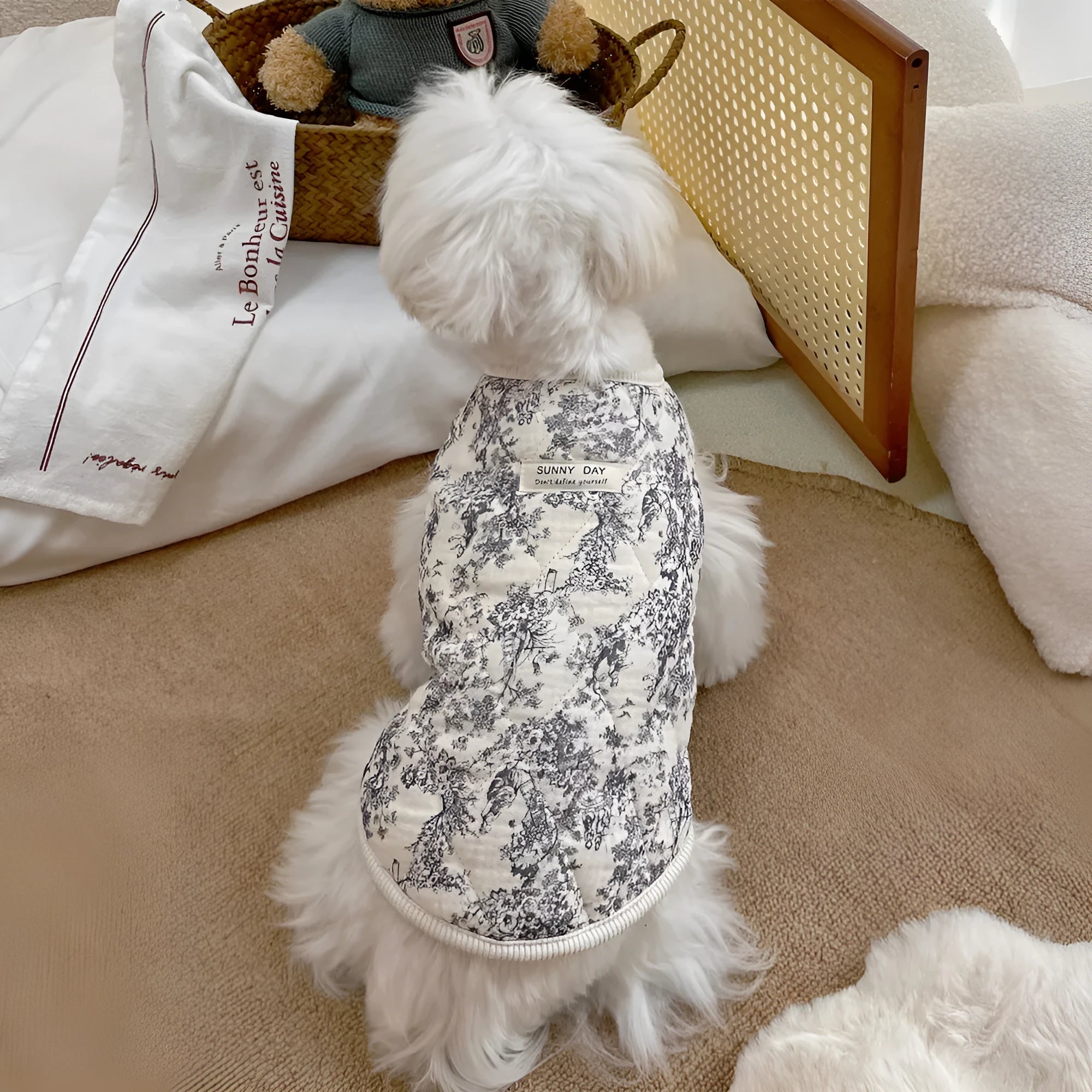 Cotton-padded pet clothes in Chinese ink style or lavender colour with vest or flounced sleeve designs