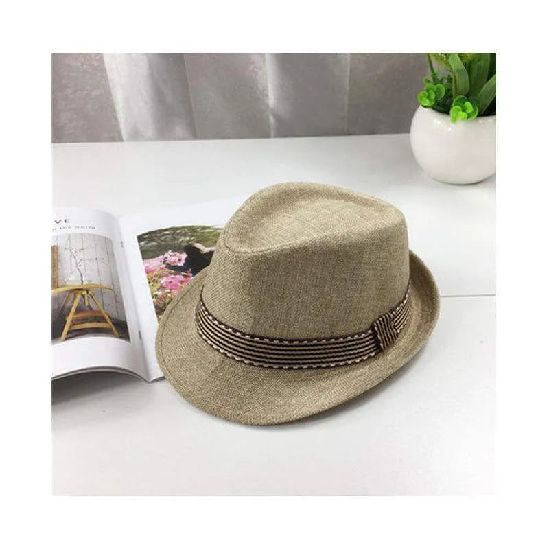 Children's performance jazz straw hat in cotton blended fabric, British style high top, beige colour