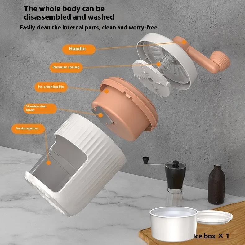 Hand-cranked ice shaving machine in green, compact portable design with removable ice box and stainless steel blade