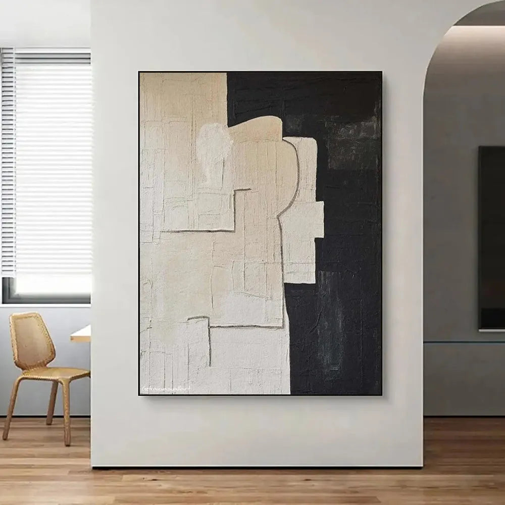 Handmade modern abstract black white textured oil painting on canvas, unstretched and frameless, vertical orientation