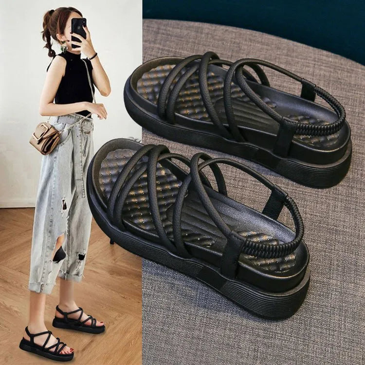 Women's black roman platform sandals with round toe and TPR sole