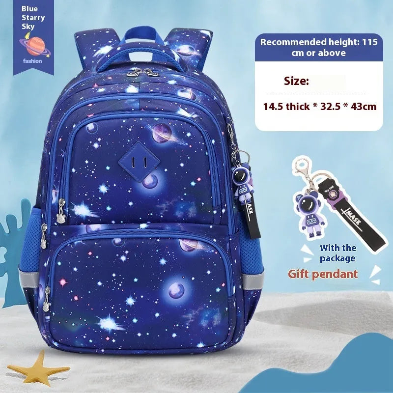 Children's waterproof school backpack with dinosaur pattern and curved shoulder straps