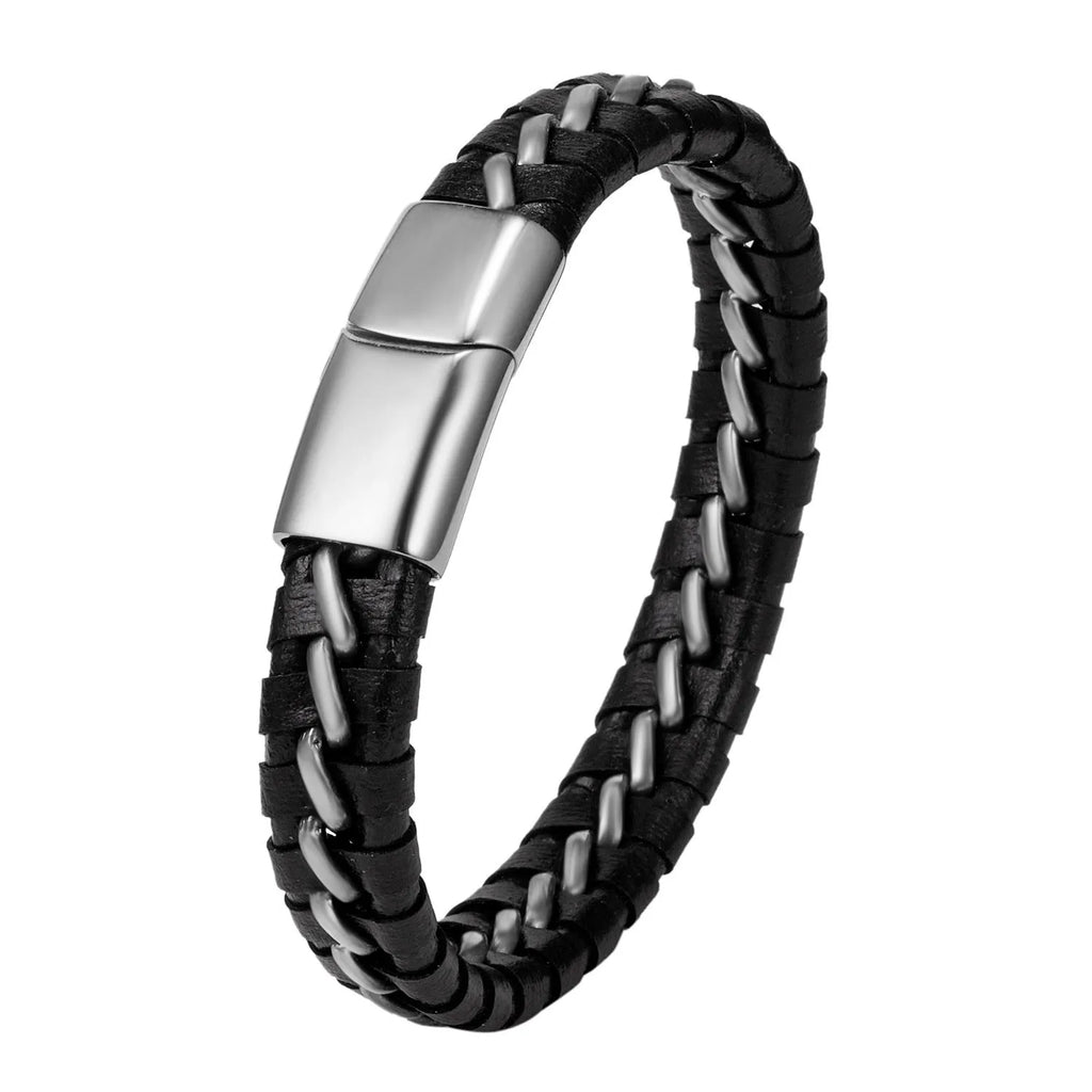 Woven leather bracelet for men with silver alloy cuff on a neutral background