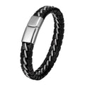Woven leather bracelet for men with silver alloy cuff on a neutral background