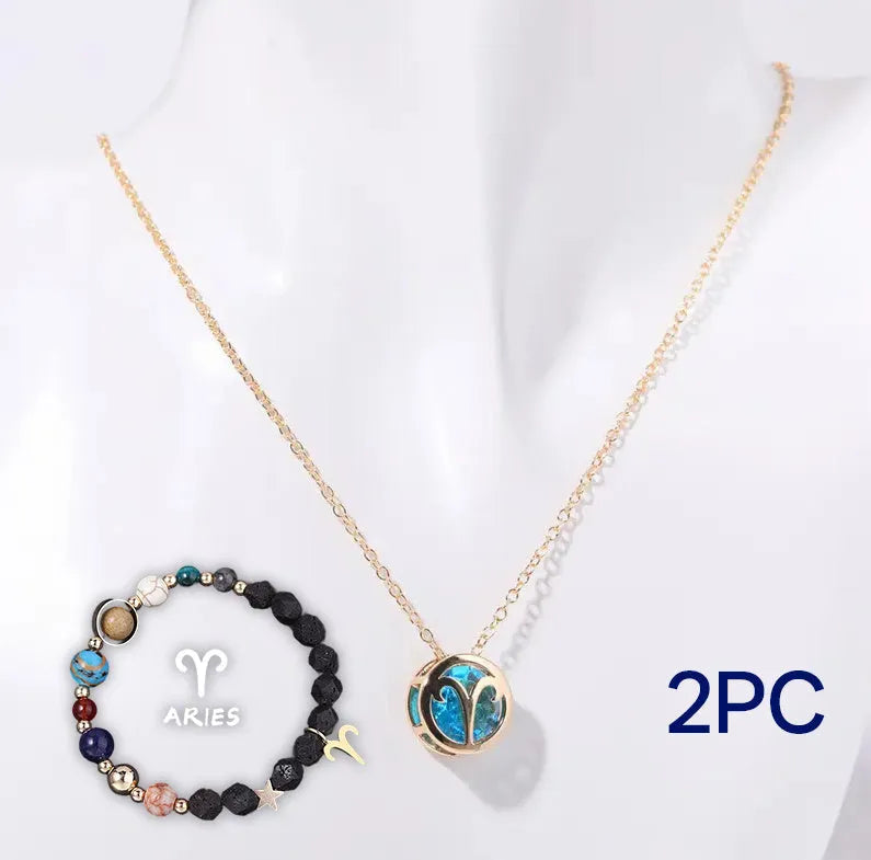 Natural stone beaded necklace and matching bracelet set laid flat, showing one of twelve available style variations.