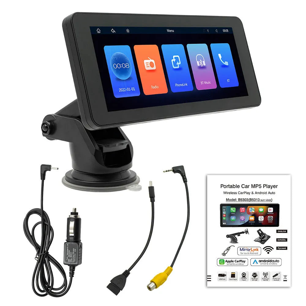 Portable wireless car video player with 6.86-inch screen showing multimedia display