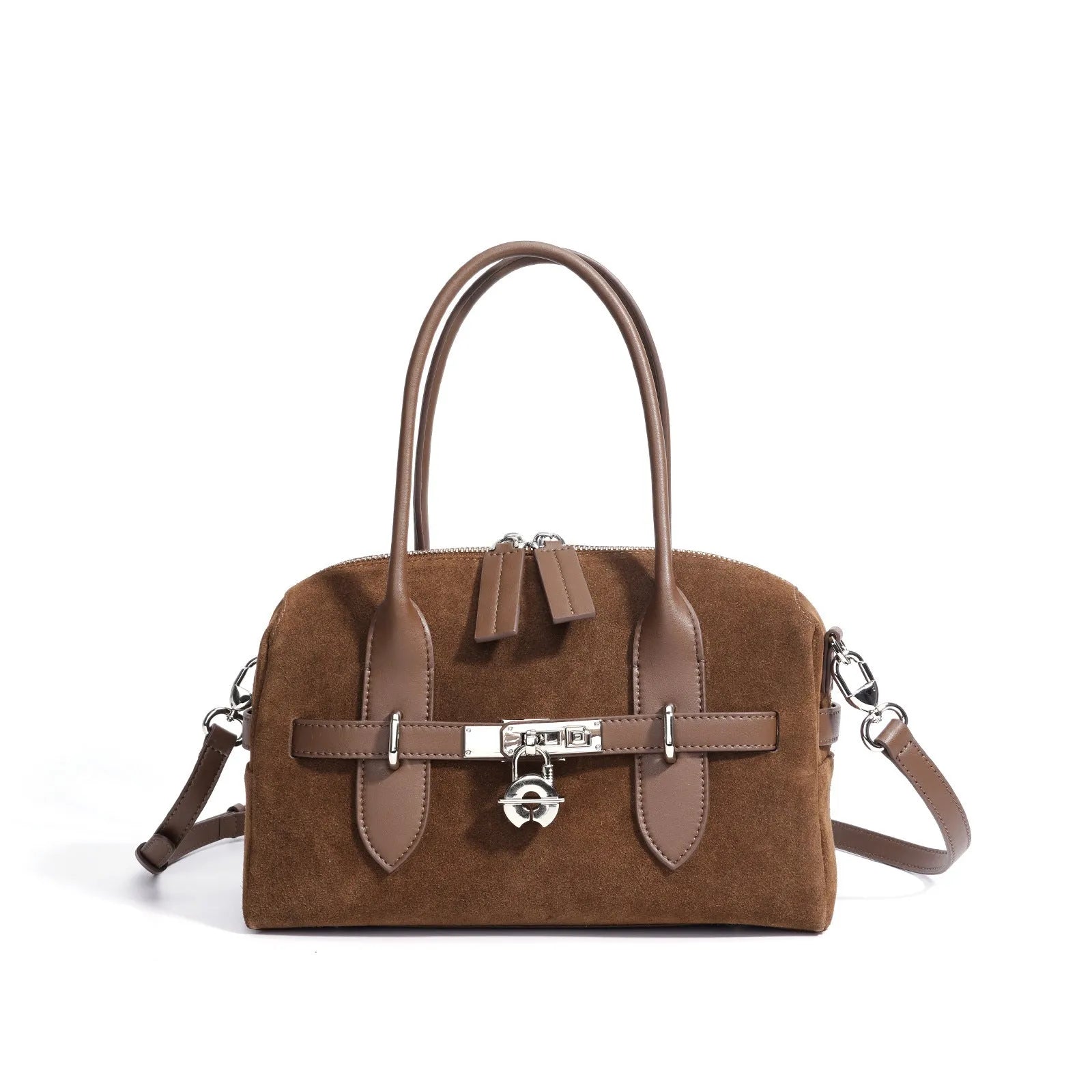 Genuine leather colour-block shoulder bag in mocha and brown with suede finish, horizontal square shape