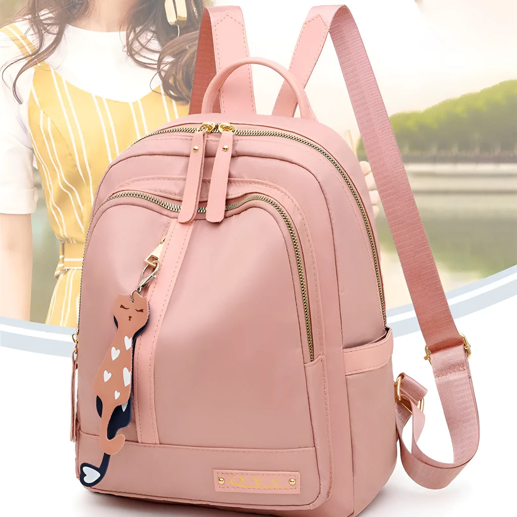 Black square nylon casual backpack with double shoulder straps and a front pocket.