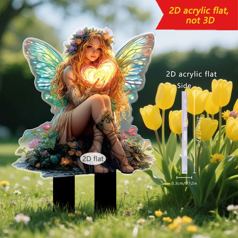 Acrylic elf fairy carrying lantern garden stake, 13.4x20 inches, cartoon style