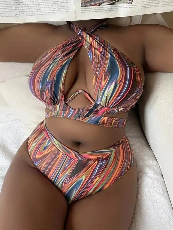 Women's high waist floral print bikini swimsuit in plus sizes for swimming