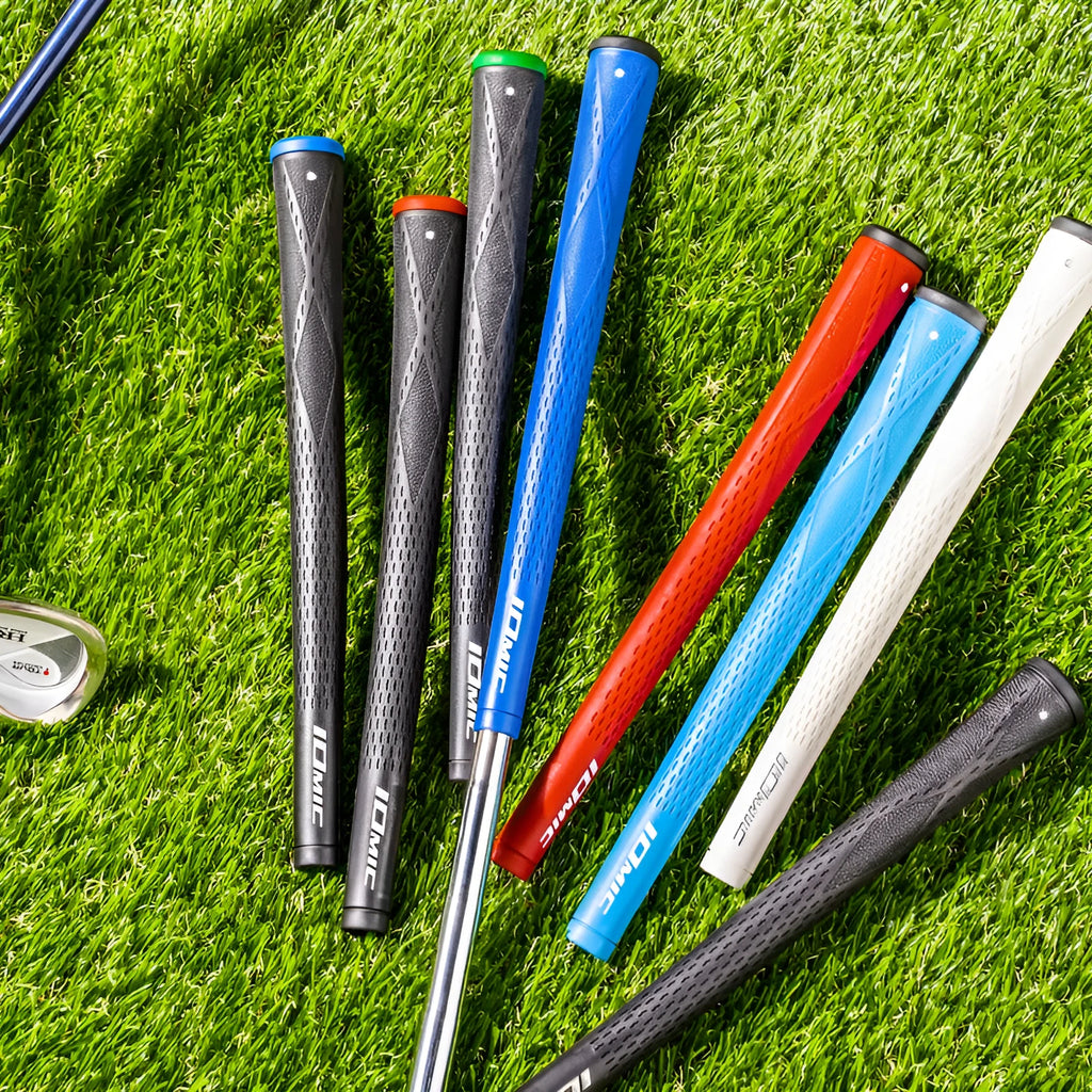 TPE golf grip in multiple colours including pink, blue, and black with red head on a club shaft