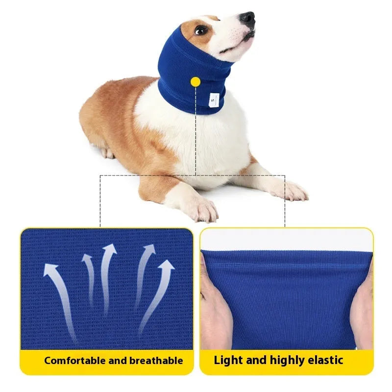 Blue and grey polyester dog headband scarf accessory shown in small, medium, and large sizing options