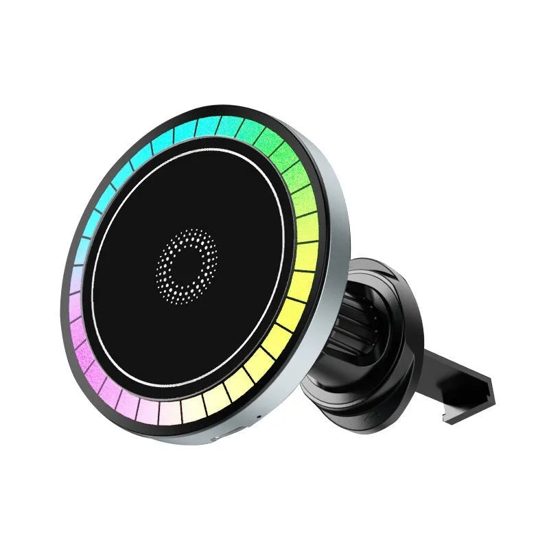 Black T58 magnetic car wireless charger with RGB ambient light on a vehicle dashboard