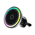 Black T58 magnetic car wireless charger with RGB ambient light on a vehicle dashboard