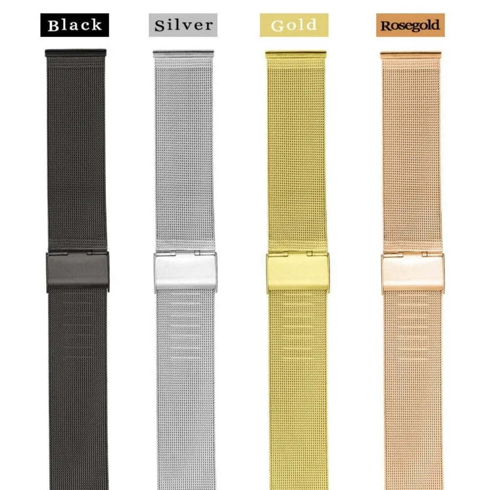 Milani silk and stainless steel woven watch band in silver, black, rose gold, and gold colour options.