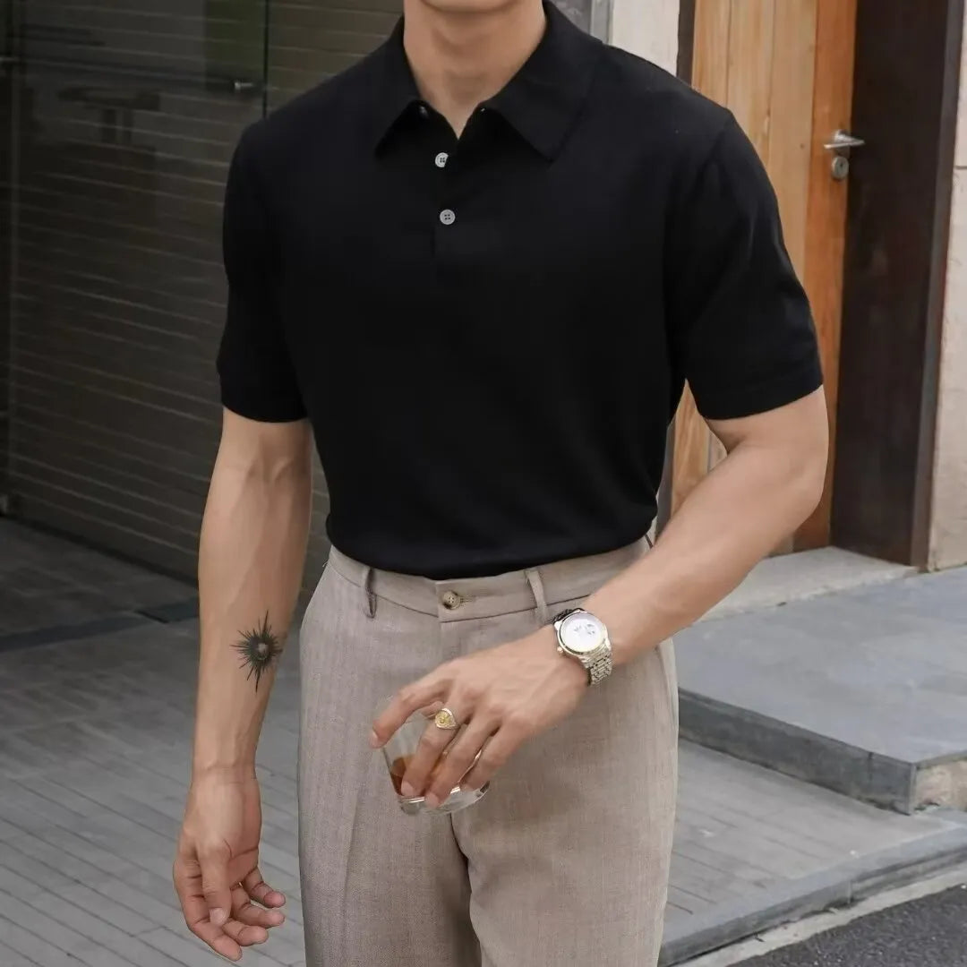 Men's cotton ice silk polo shirt with classic collar and short sleeves in multiple colour options