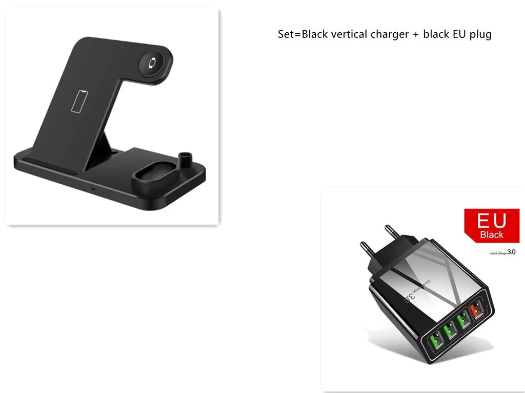 Black 4-in-1 wireless charging dock showing phone on adjustable stand, Apple Watch, AirPods, and Apple Pencil charging simultaneously.
