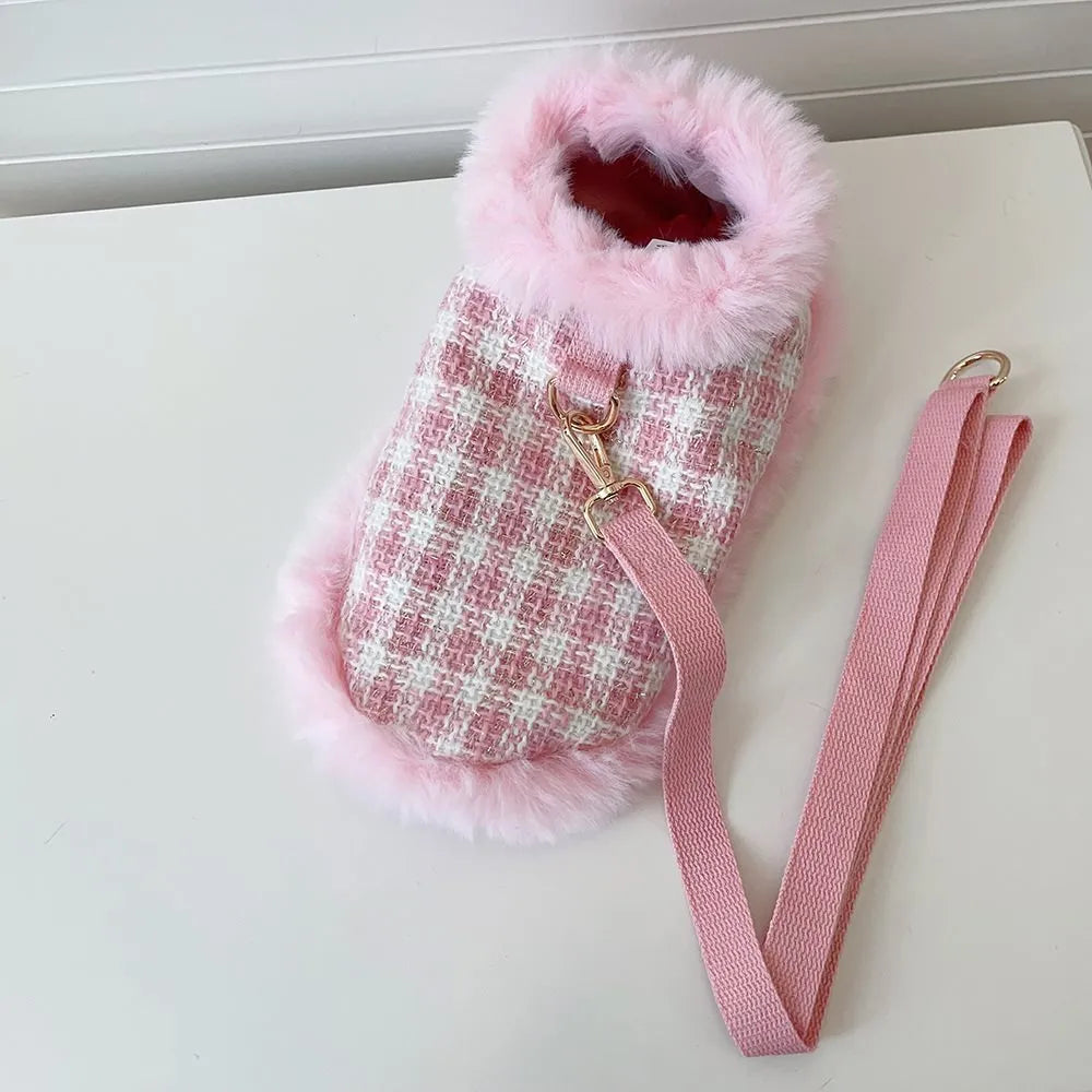 Pink cat costume set with cape featuring hand-holding rope and beret accessory
