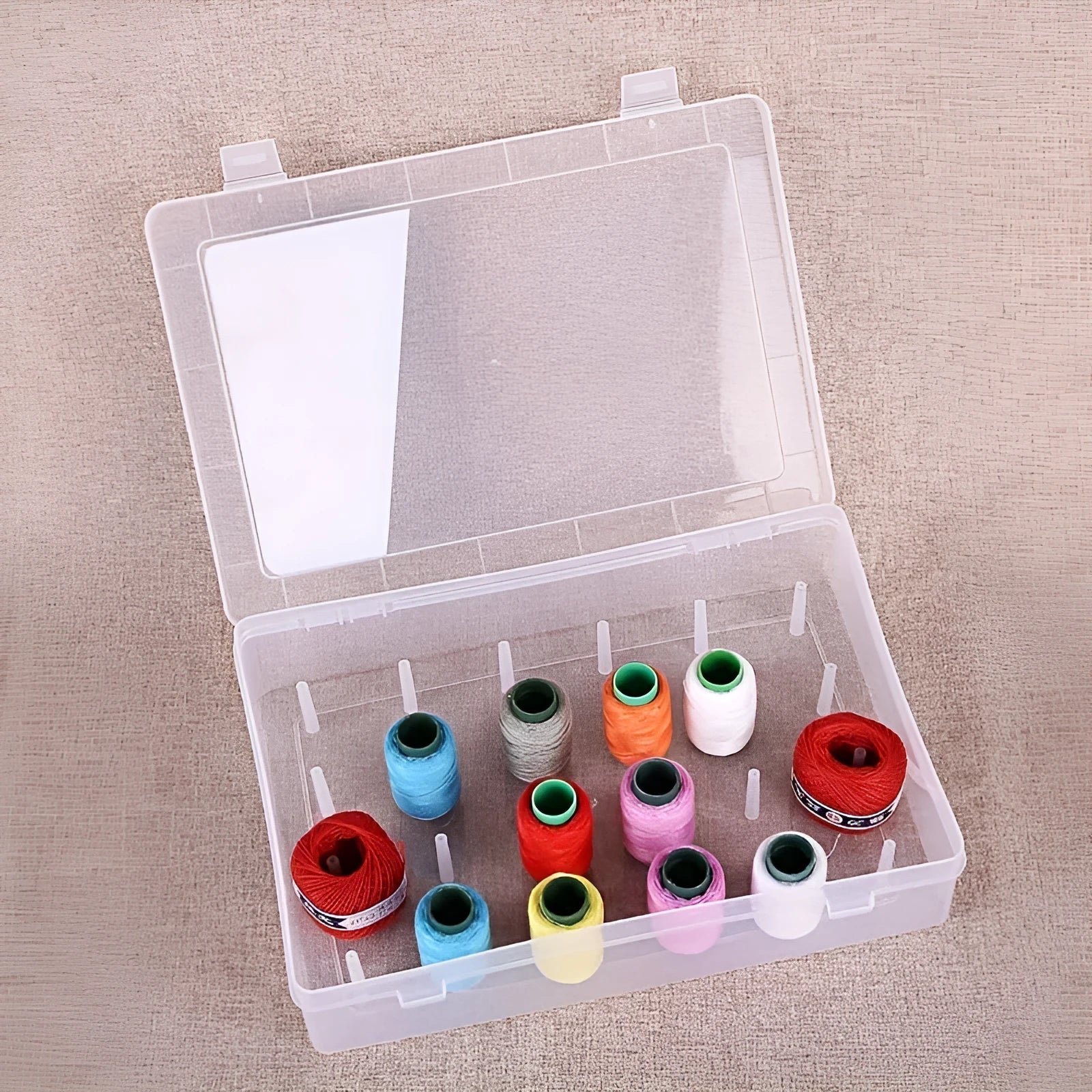 42 axis multifunctional plastic embroidery thread storage box with removable dividers in blue colour.