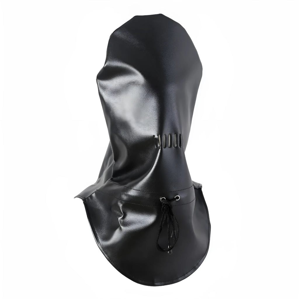 Black leather adult face mask with breathable mesh eye area and adjustable fit straps