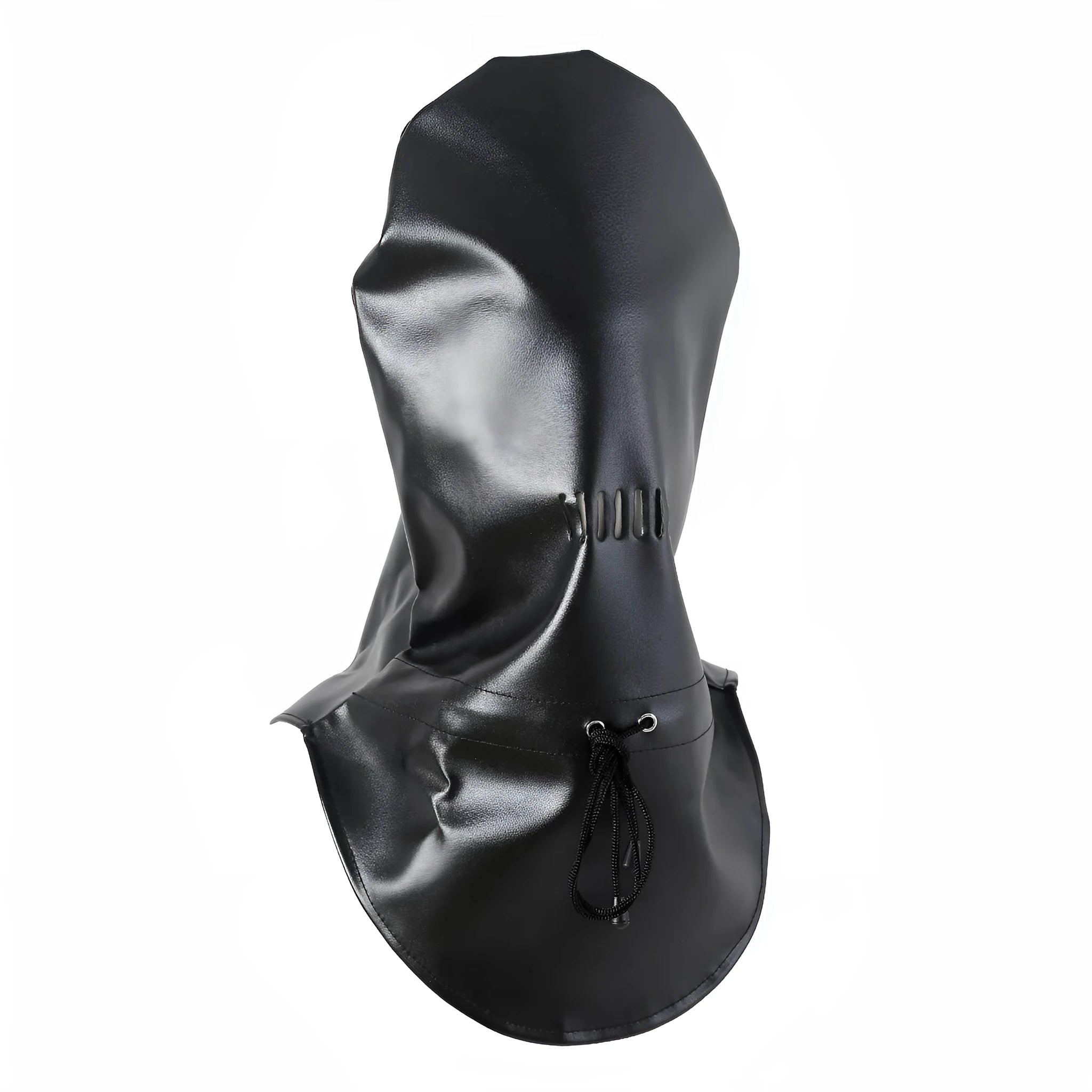 Black leather adult face mask with breathable mesh eye area and adjustable fit straps