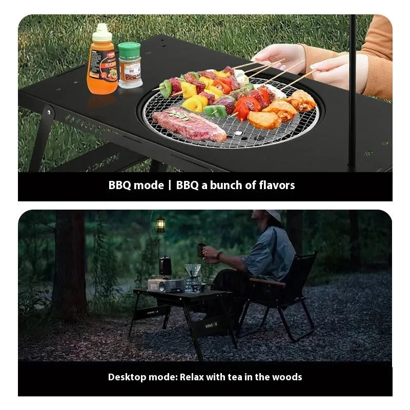 Folding camping cooking table with integrated barbecue surface in black