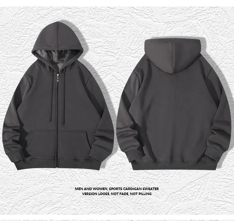 Men's heavyweight hooded cardigan sweater with full zip front in charcoal grey colour