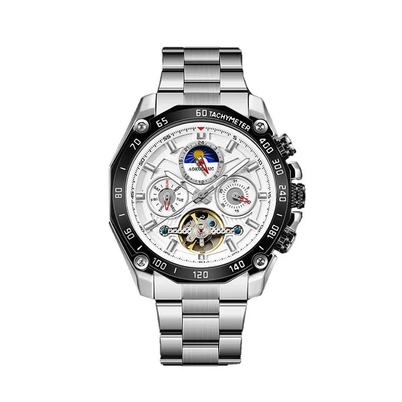 Men's automatic mechanical watch with a casual design on a wrist, showing a silver case and white dial option.