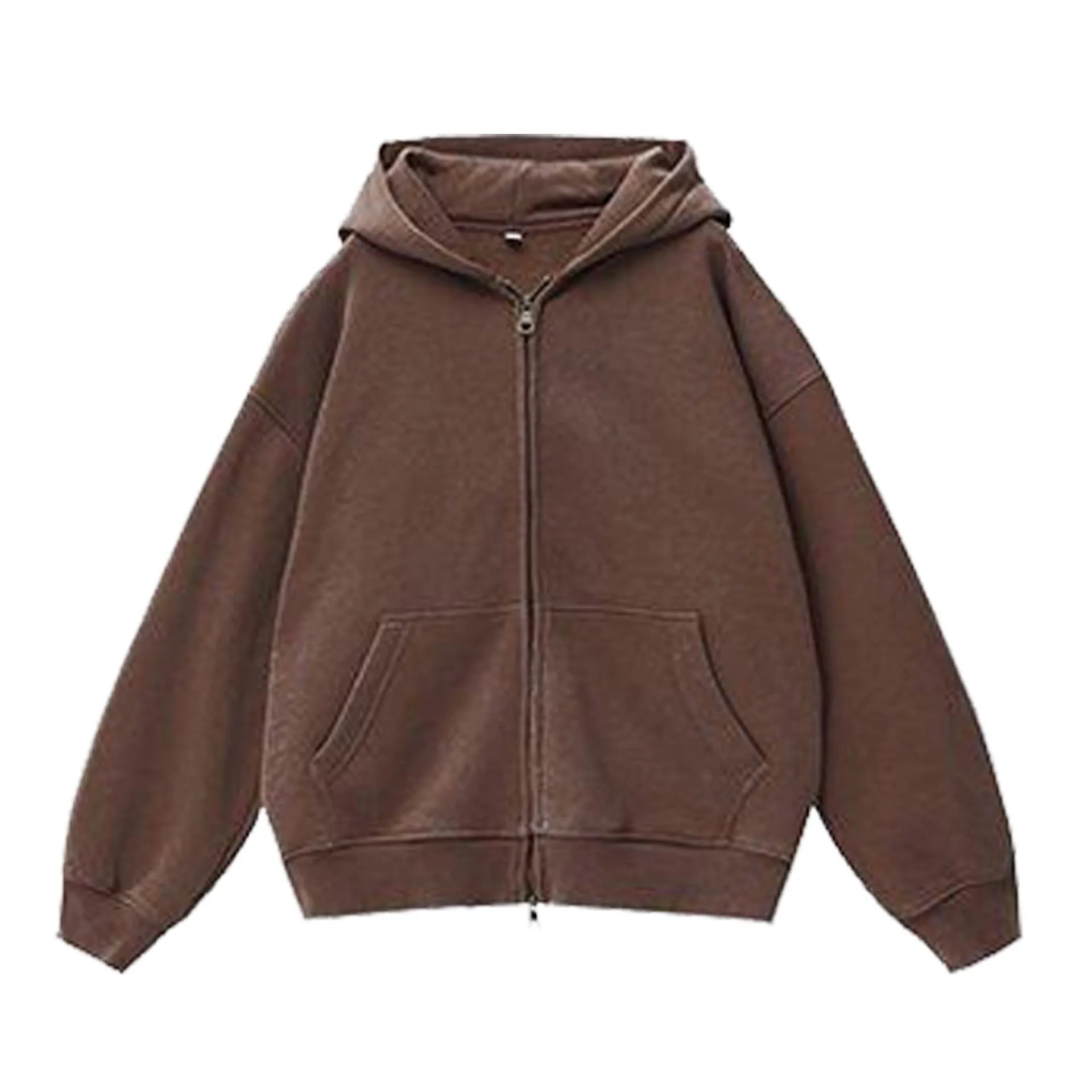 Women's distressed fleece-lined hooded cardigan sweater in a loose fit with patch pockets.
